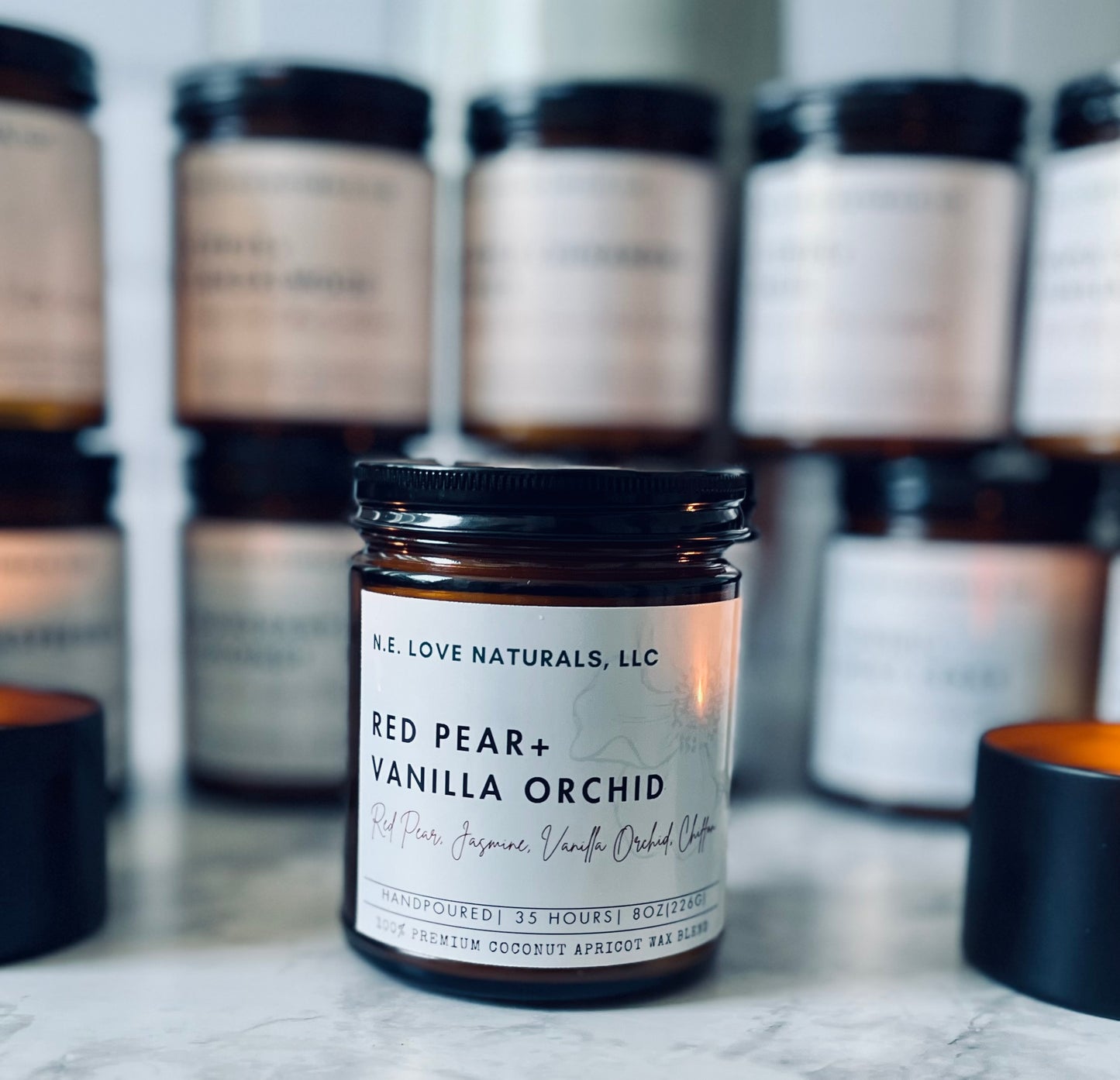 Red Pear+ Vanilla Orchid | Coconut Apricot Soy Wax Candle in Amber Glass Jar