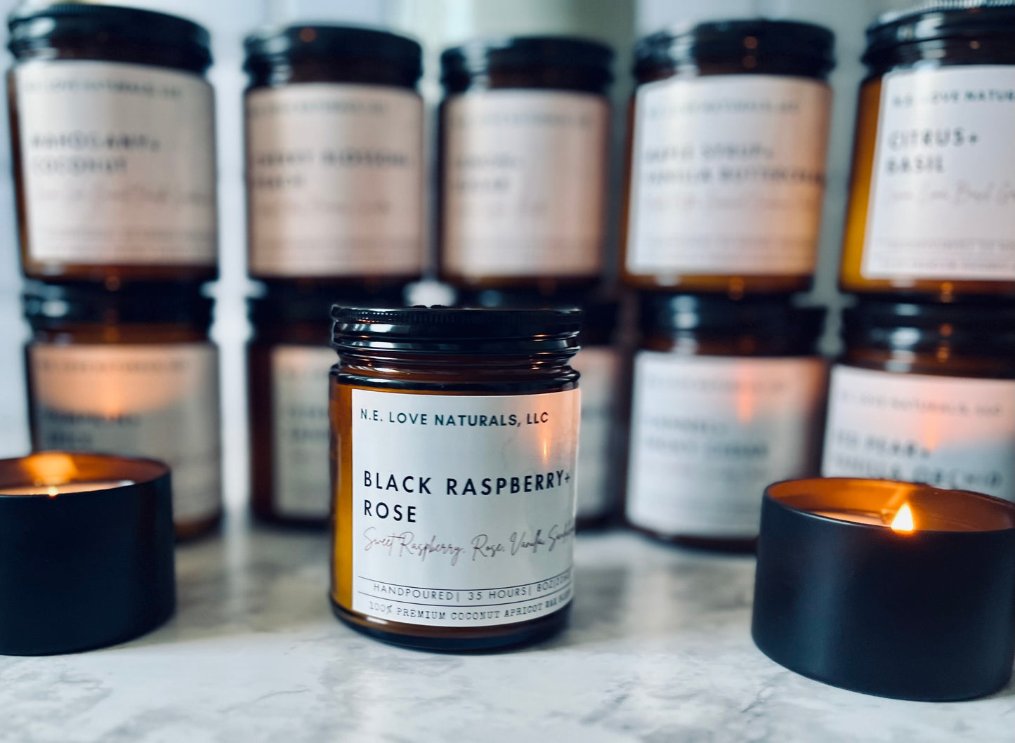 Black Raspberry + Rose |Coconut Apricot Soy Candle in Amber Glass Jar
