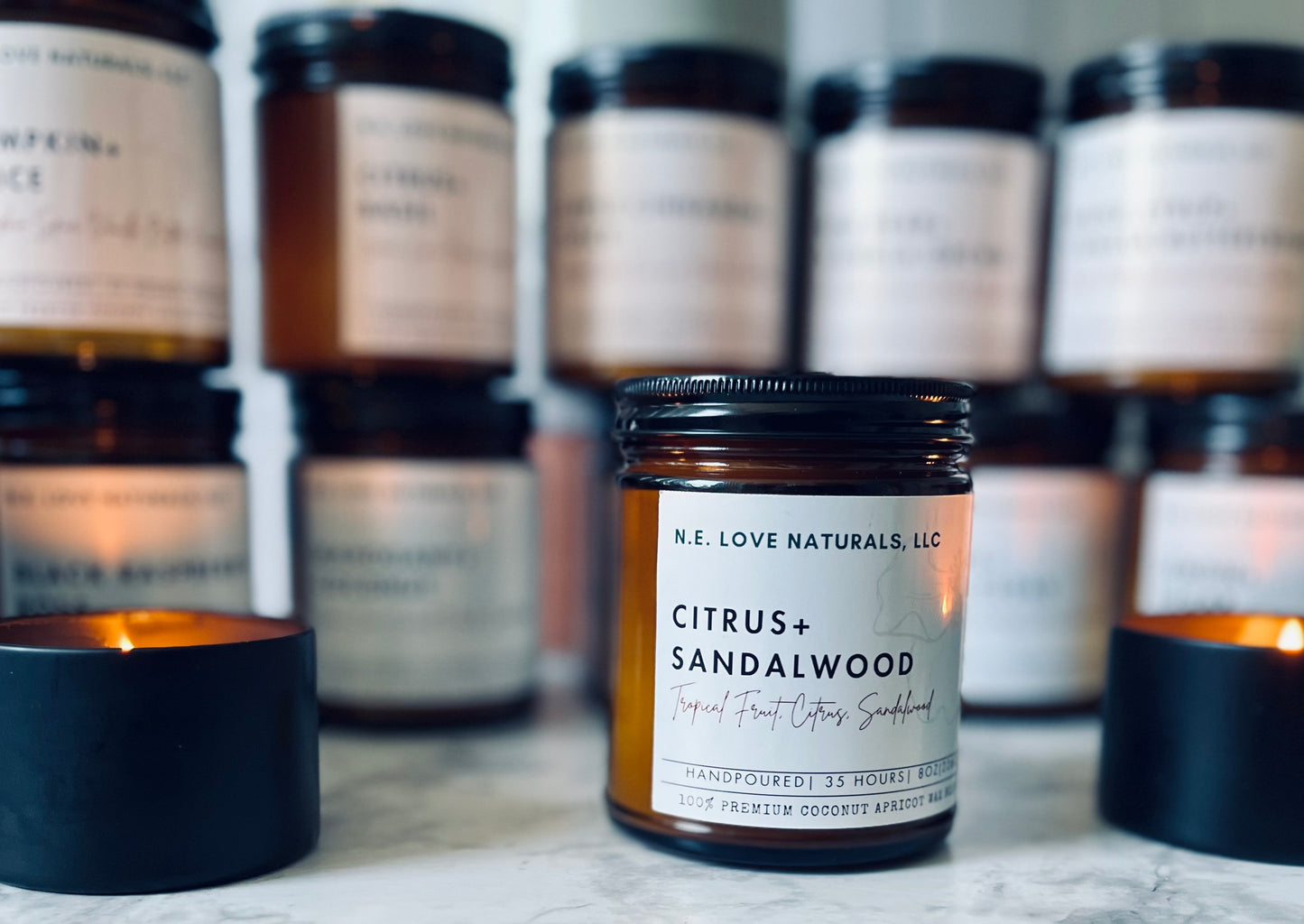 Citrus+ Sandalwood | Coconut Apricot Soy Candle in Amber Glass Jar