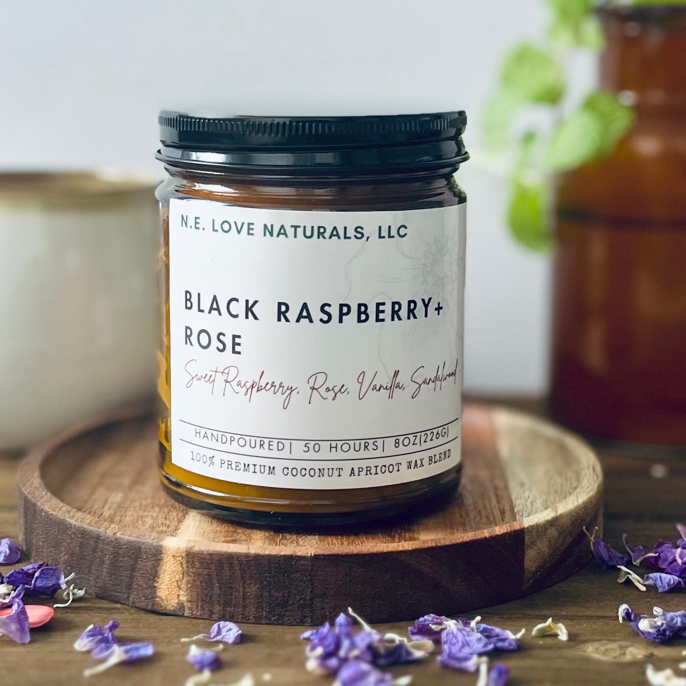 Black Raspberry + Rose |Coconut Apricot Soy Candle in Amber Glass Jar