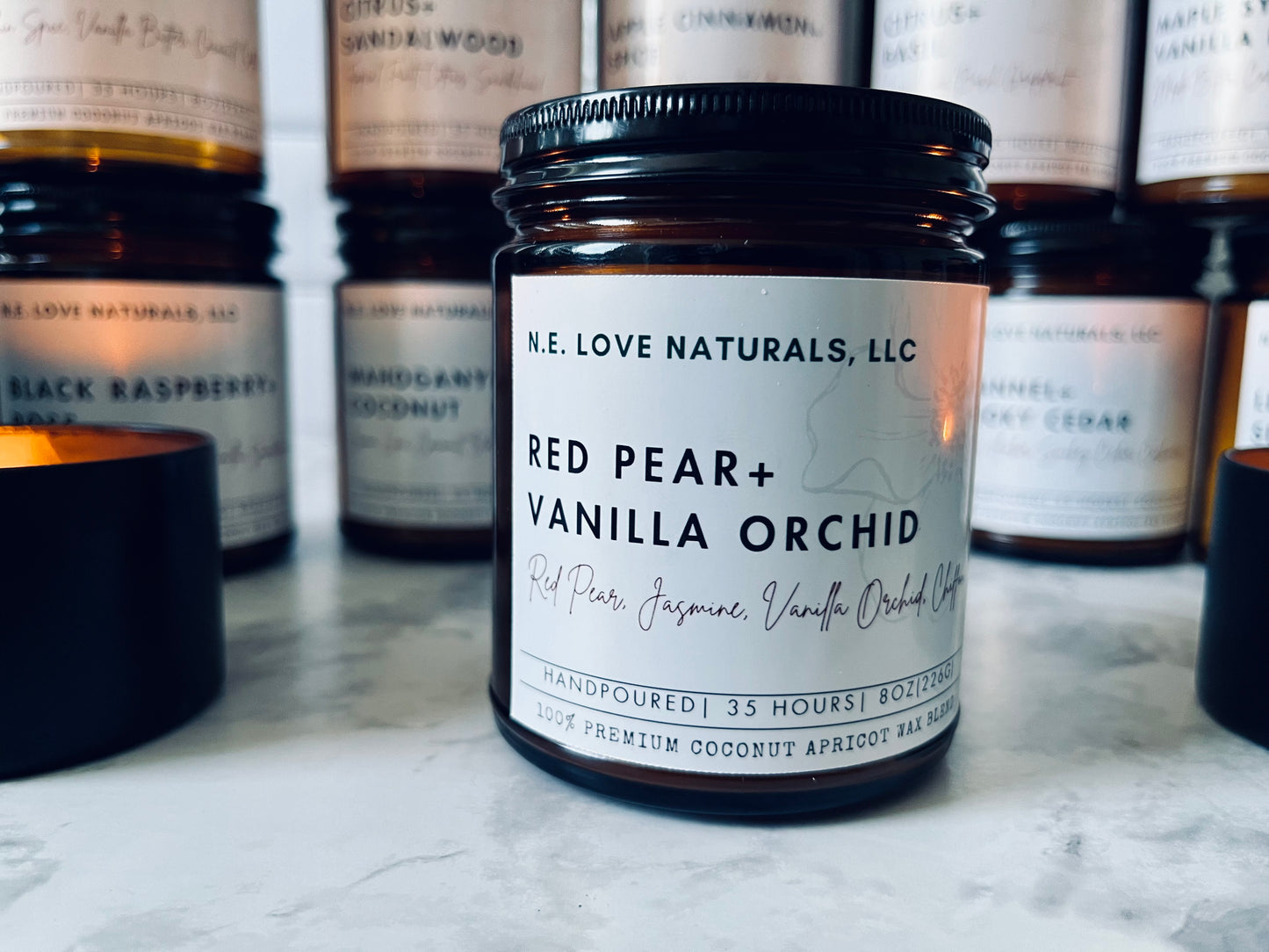 Red Pear+ Vanilla Orchid | Coconut Apricot Soy Wax Candle in Amber Glass Jar