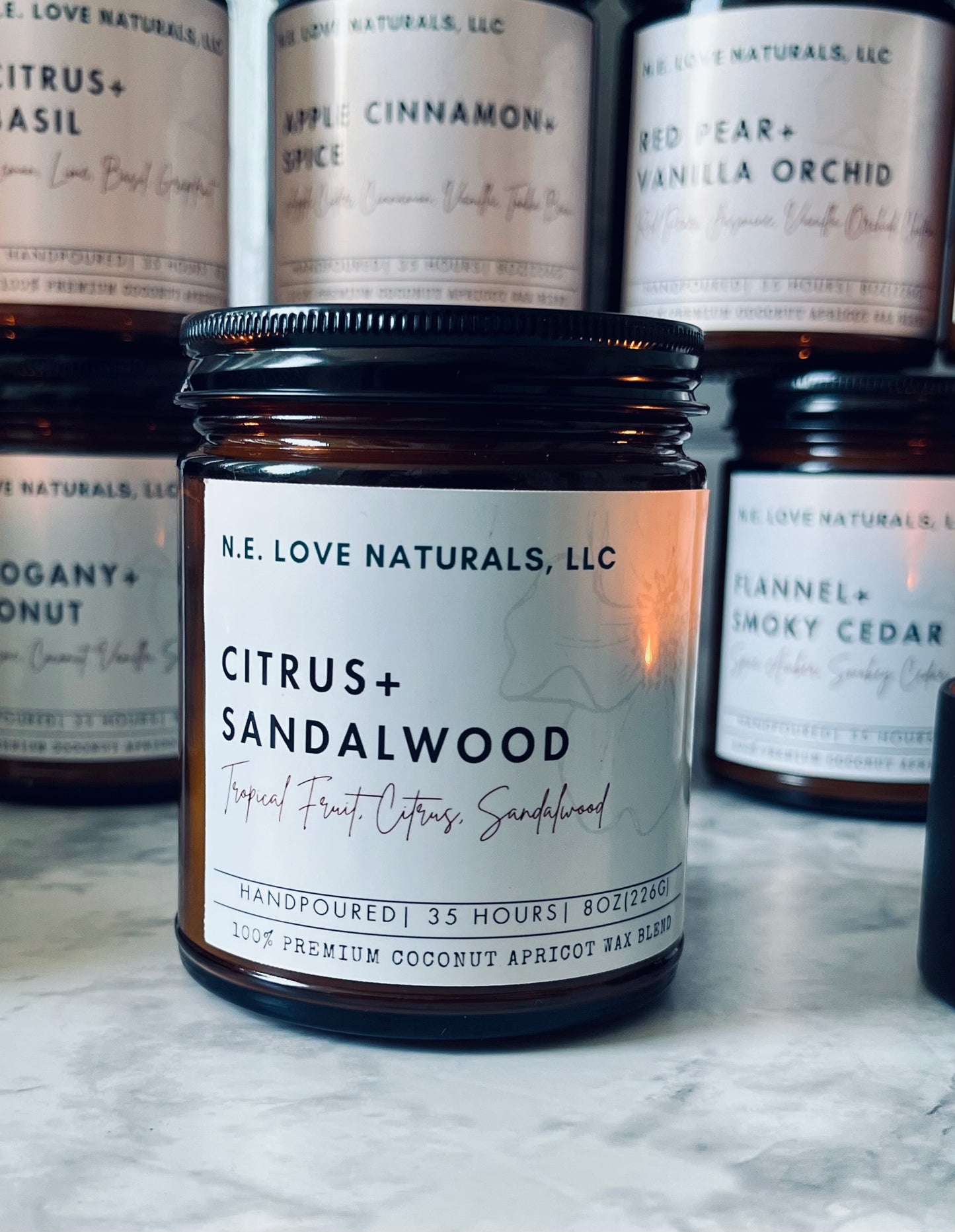 Citrus+ Sandalwood | Coconut Apricot Soy Candle in Amber Glass Jar