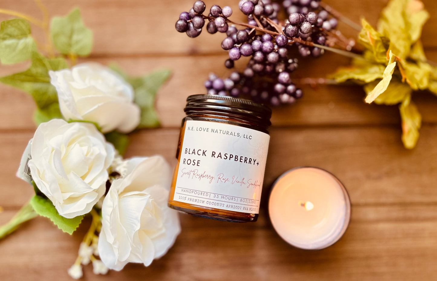 Black Raspberry + Rose |Coconut Apricot Soy Candle in Amber Glass Jar