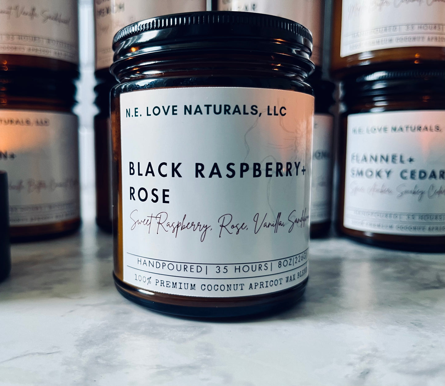 Black Raspberry + Rose |Coconut Apricot Soy Candle in Amber Glass Jar