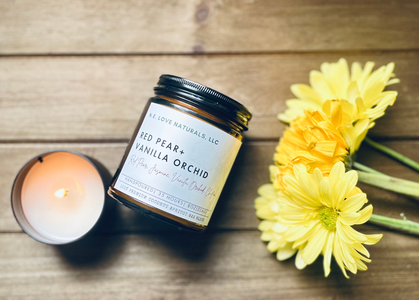 Red Pear+ Vanilla Orchid | Coconut Apricot Soy Wax Candle in Amber Glass Jar