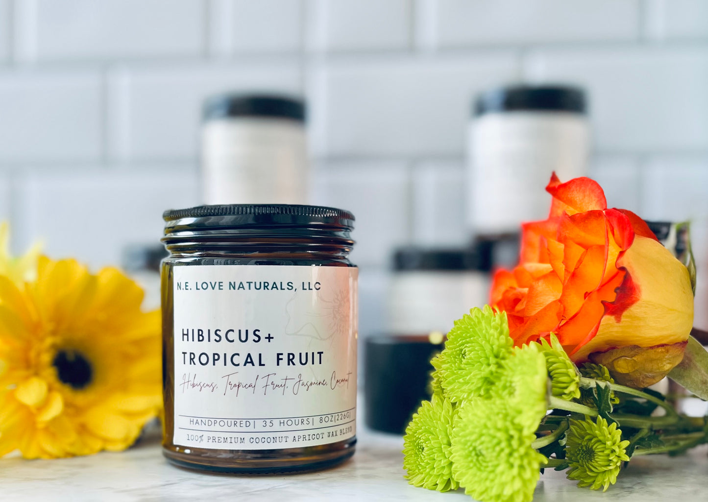 Hibiscus+ Tropical Fruit| Coconut Apricot Soy Candle in Amber Glass Jar