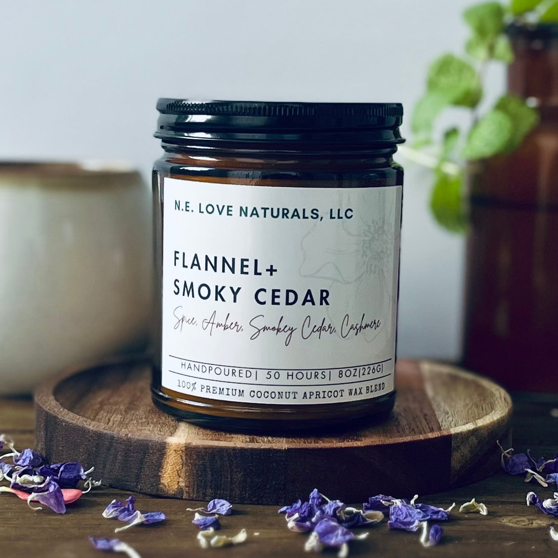 Flannel + Smoky Cedar |Coconut Apricot Soy Candle in Amber Glass Jar