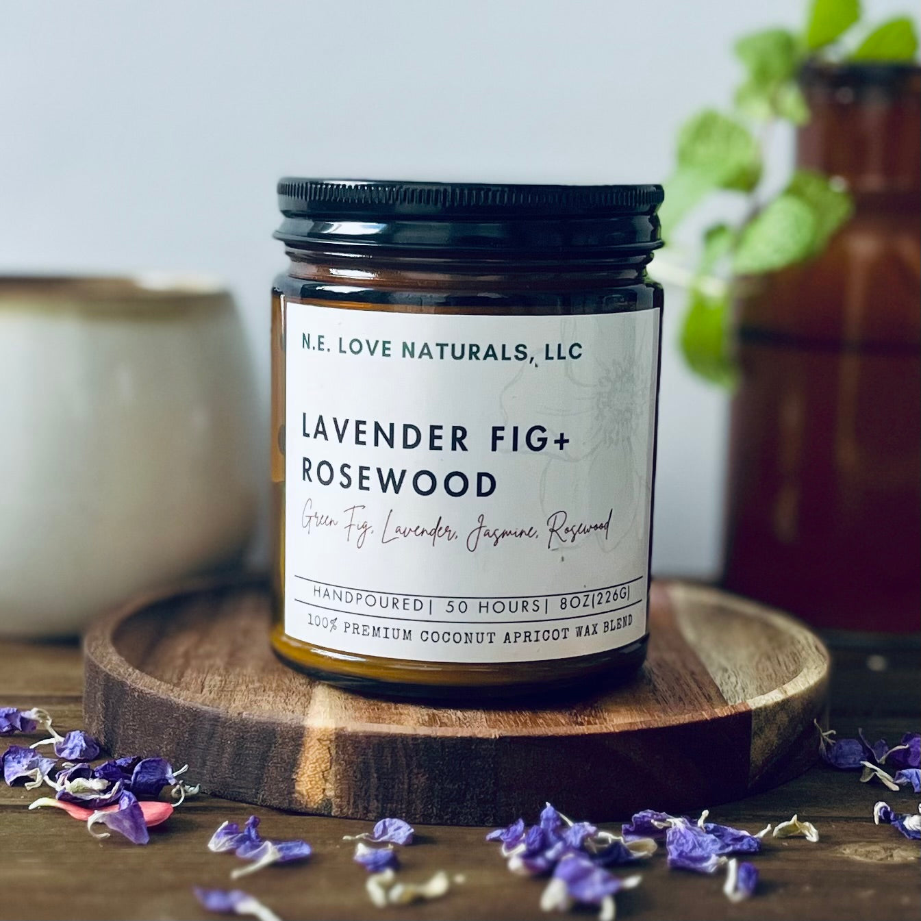 Lavender Fig + Rosewood |Coconut Apricot Soy Candle in Amber Glass Jar