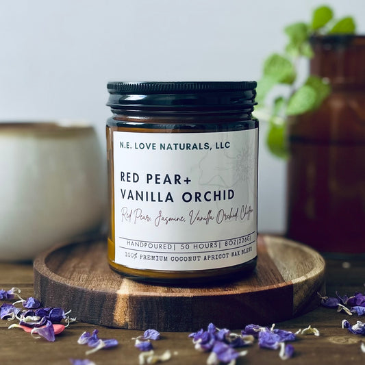 Red Pear+ Vanilla Orchid | Coconut Apricot Soy Wax Candle in Amber Glass Jar