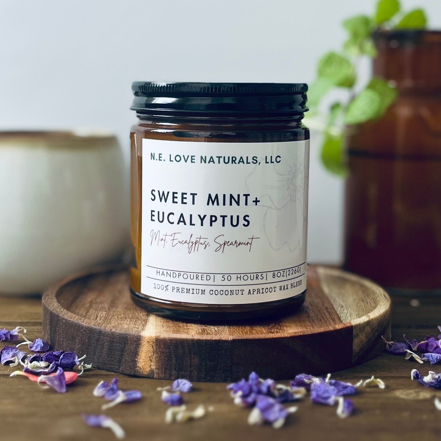 Sweet Mint+ Eucalyptus| Coconut Apricot Soy Wax Candle in Amber Glass Jar