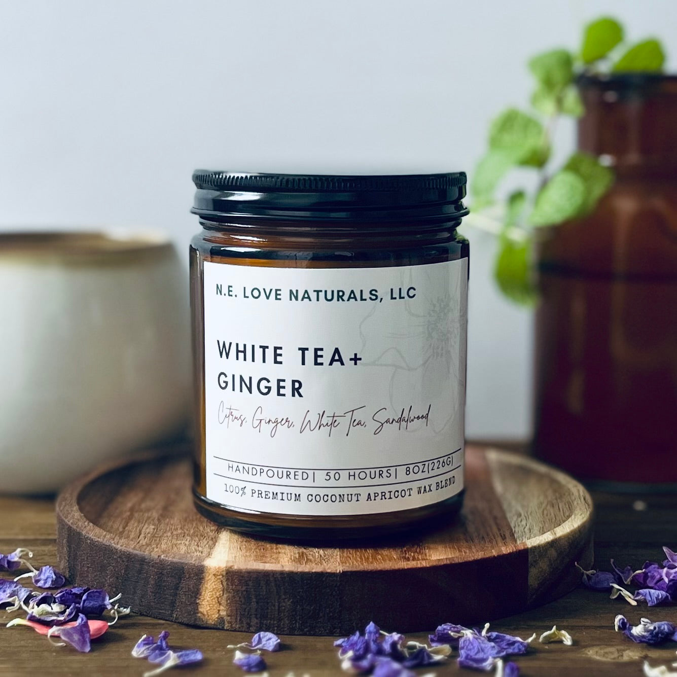 White Tea + Ginger| Coconut Apricot Soy Wax Candle in Amber Glass Jar