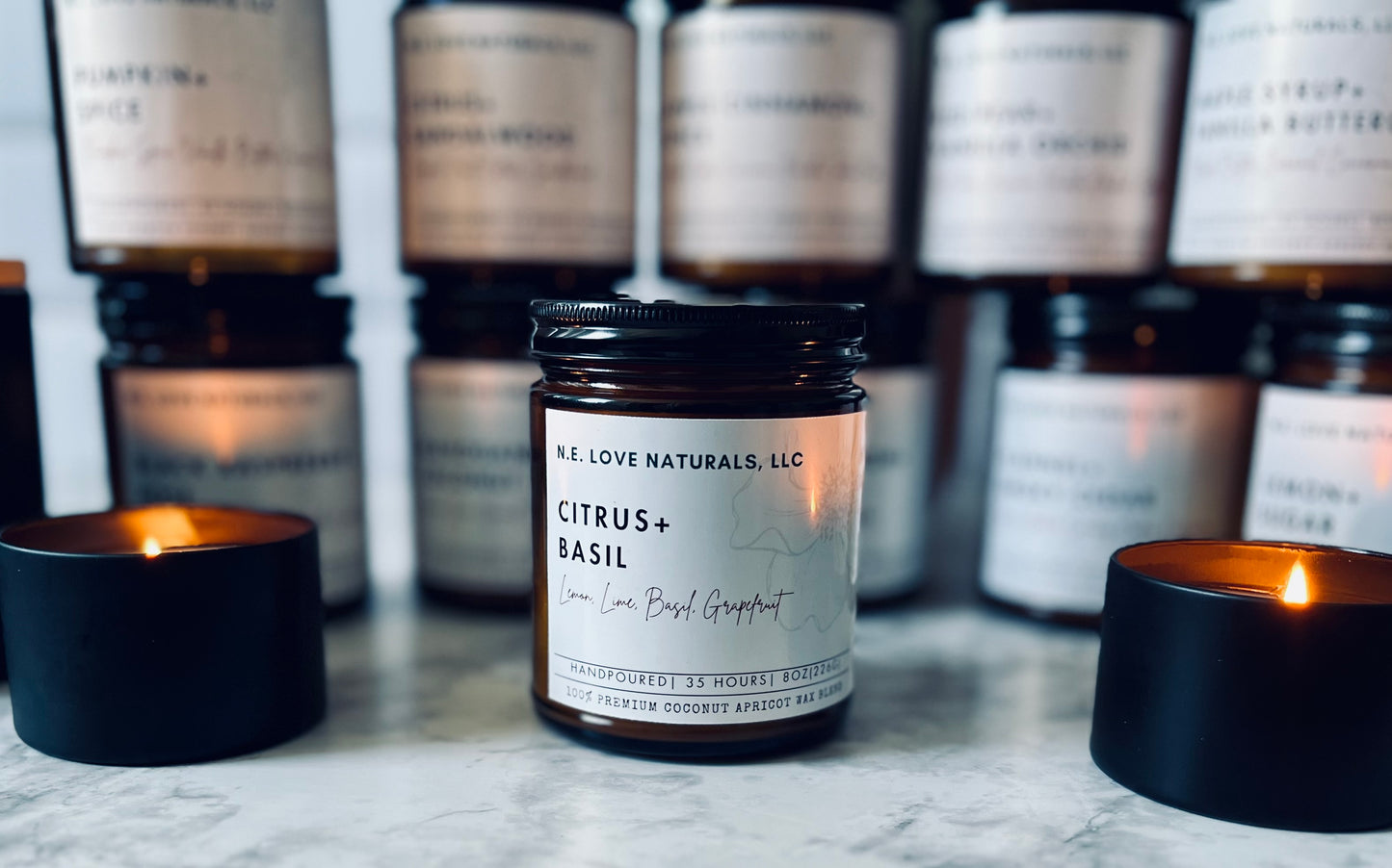 Citrus+ Basil | Coconut Apricot Soy Candle in Amber Glass Jar