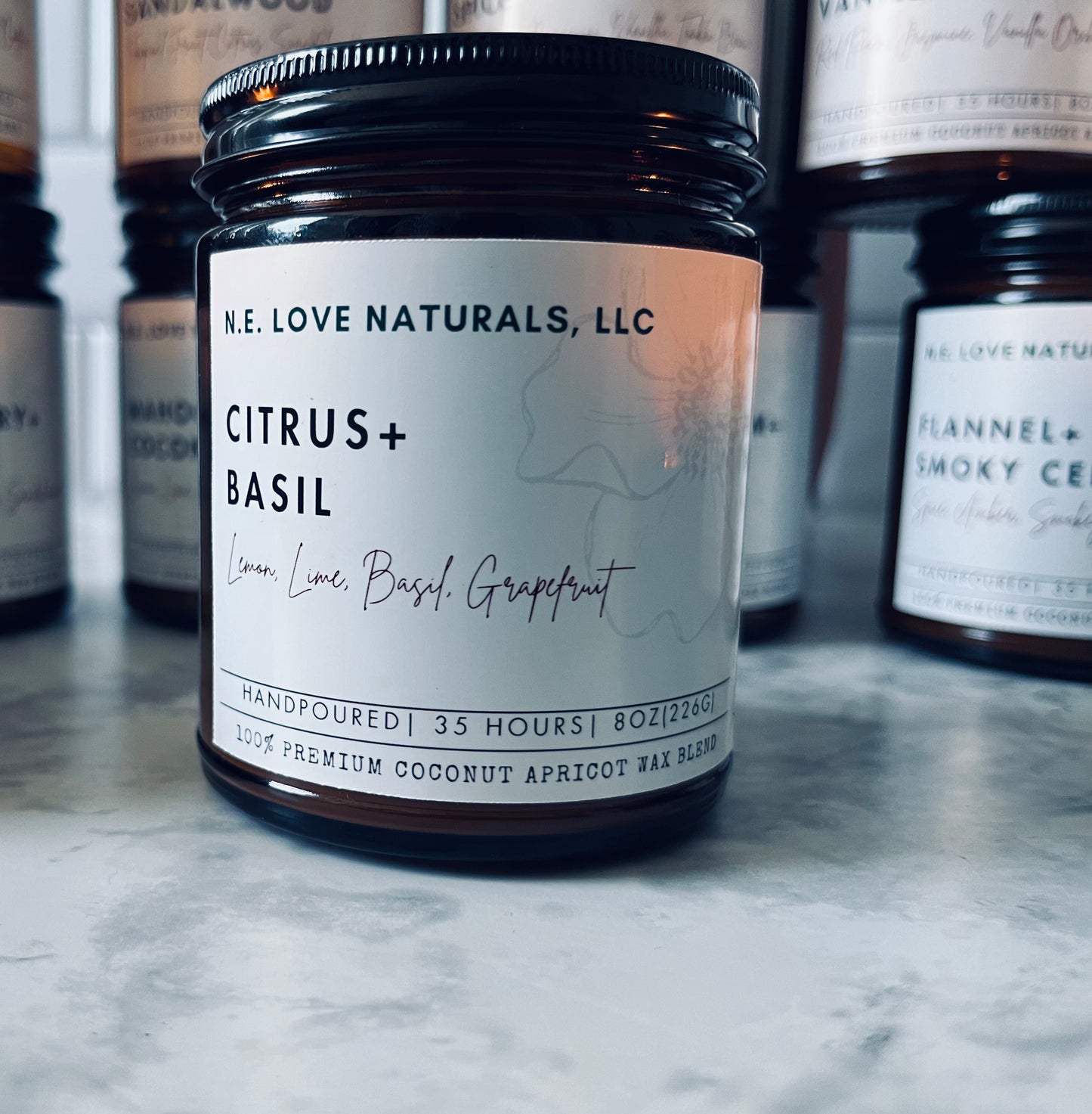 Citrus+ Basil | Coconut Apricot Soy Candle in Amber Glass Jar