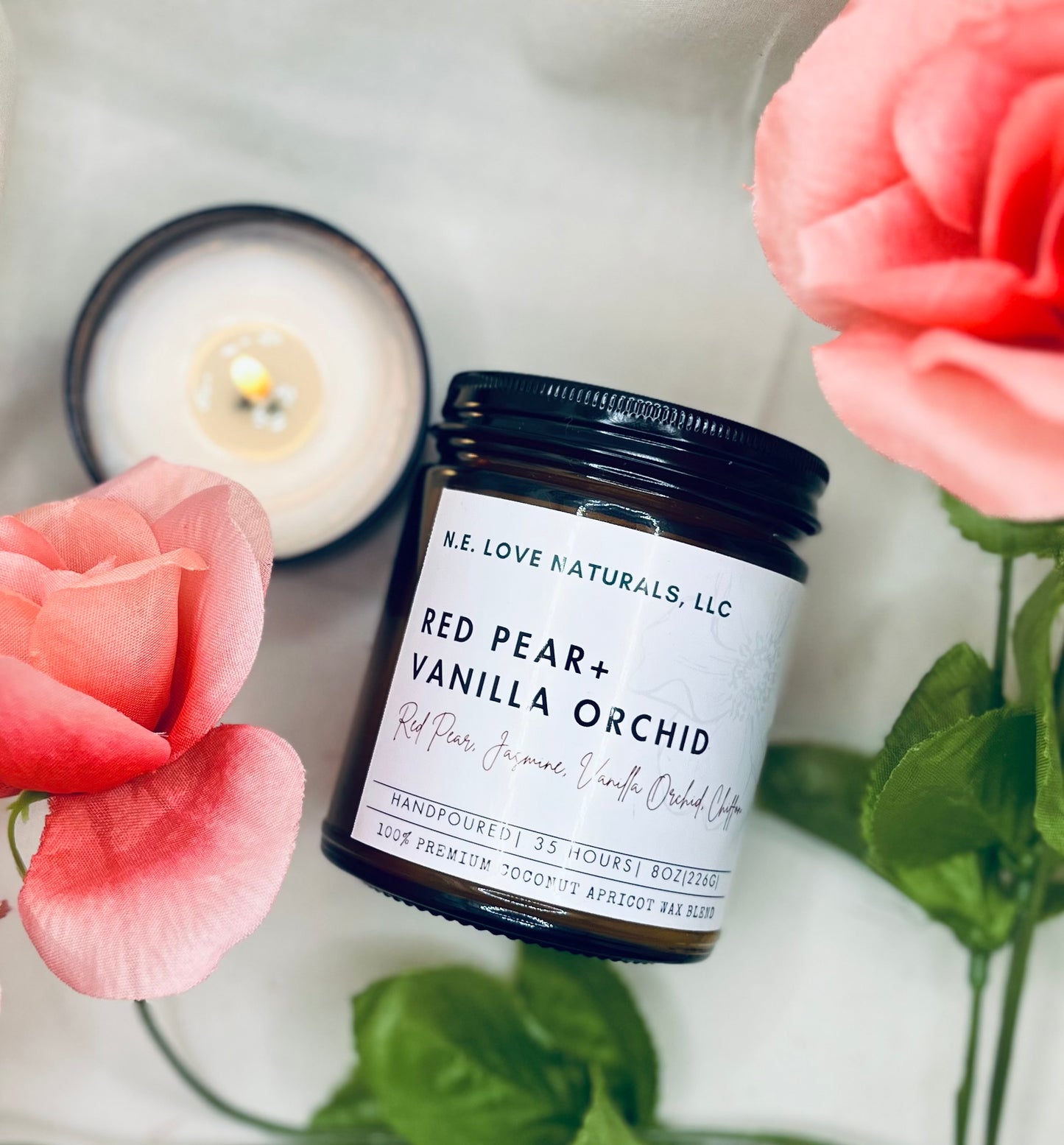 Red Pear+ Vanilla Orchid | Coconut Apricot Soy Wax Candle in Amber Glass Jar