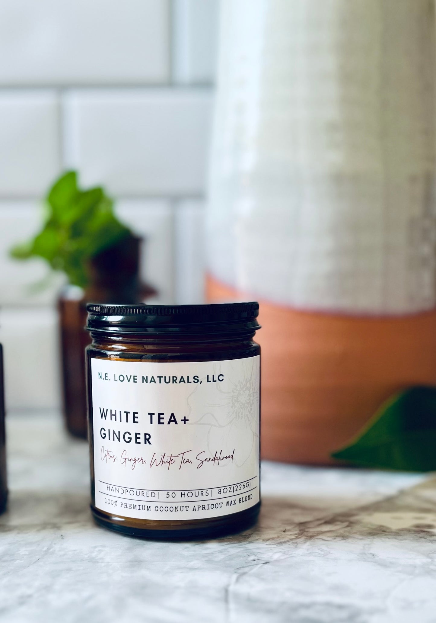 White Tea + Ginger| Coconut Apricot Soy Wax Candle in Amber Glass Jar