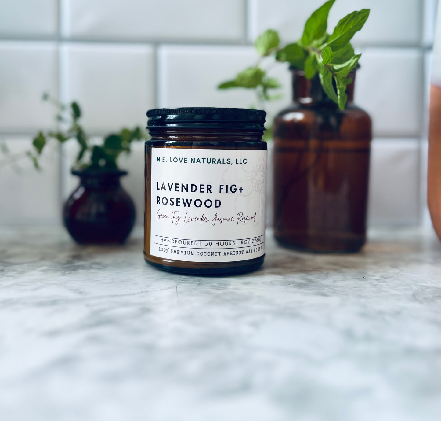 Lavender Fig + Rosewood |Coconut Apricot Soy Candle in Amber Glass Jar