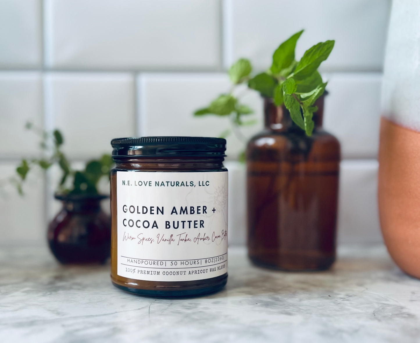 Golden Amber + Cocoa Butter |Coconut Apricot Soy Candle in Amber Glass Jar