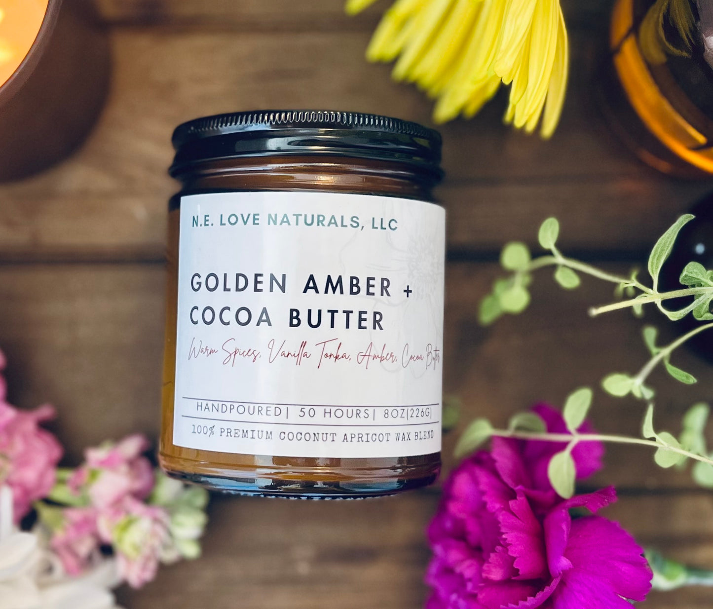 Golden Amber + Cocoa Butter |Coconut Apricot Soy Candle in Amber Glass Jar