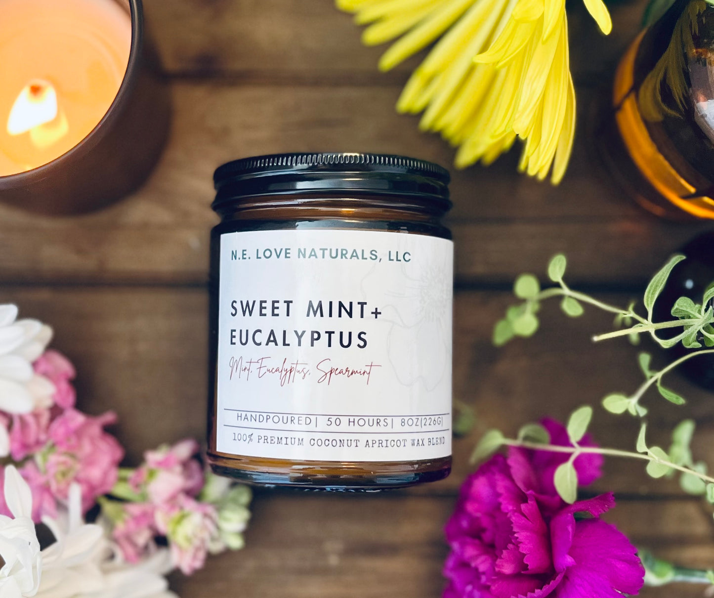 Sweet Mint+ Eucalyptus| Coconut Apricot Soy Wax Candle in Amber Glass Jar