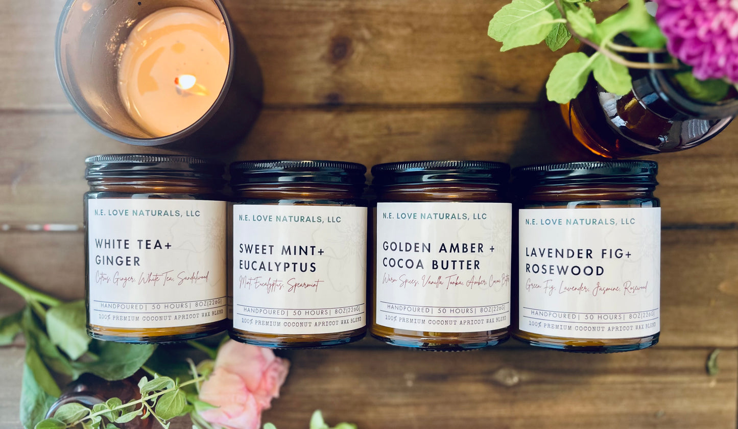 White Tea + Ginger| Coconut Apricot Soy Wax Candle in Amber Glass Jar