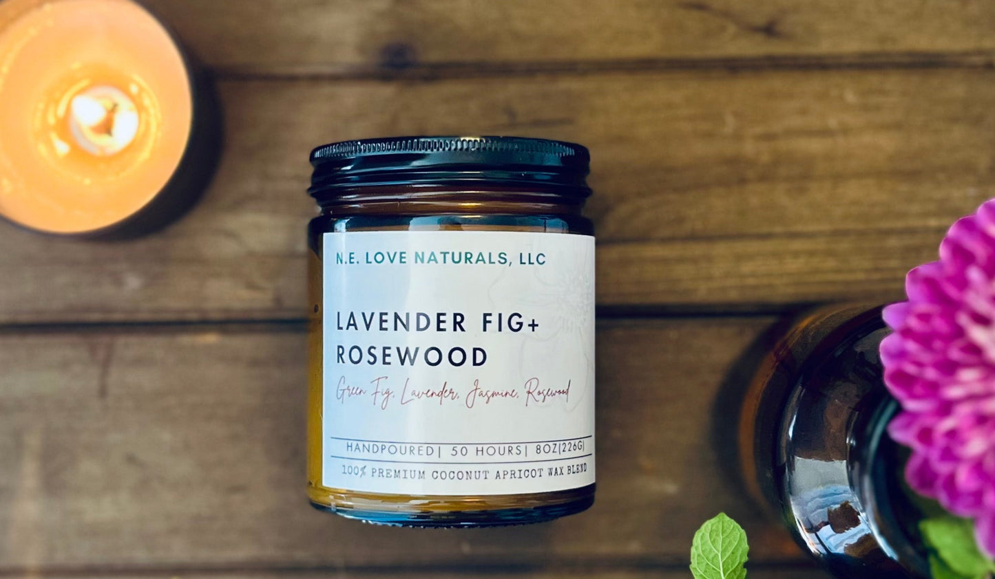 Lavender Fig + Rosewood |Coconut Apricot Soy Candle in Amber Glass Jar