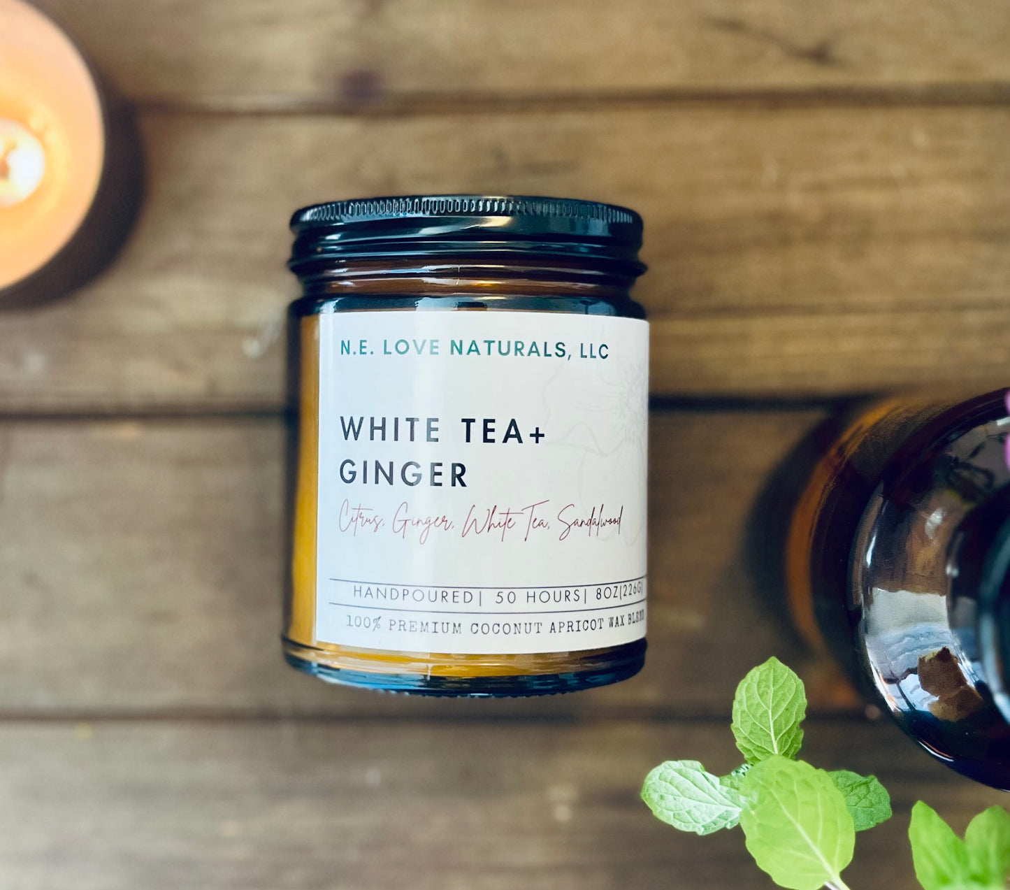 White Tea + Ginger| Coconut Apricot Soy Wax Candle in Amber Glass Jar