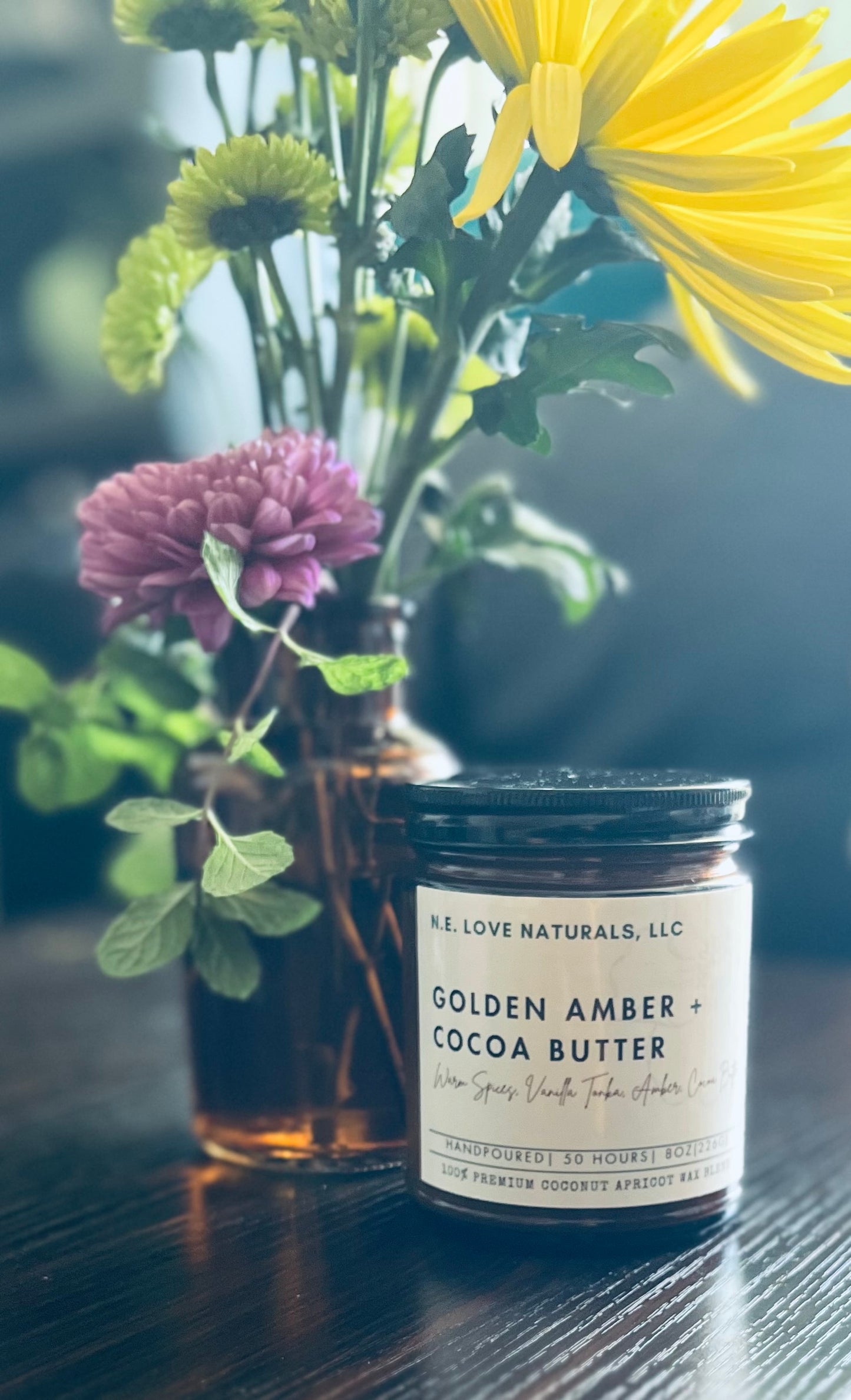Golden Amber + Cocoa Butter |Coconut Apricot Soy Candle in Amber Glass Jar