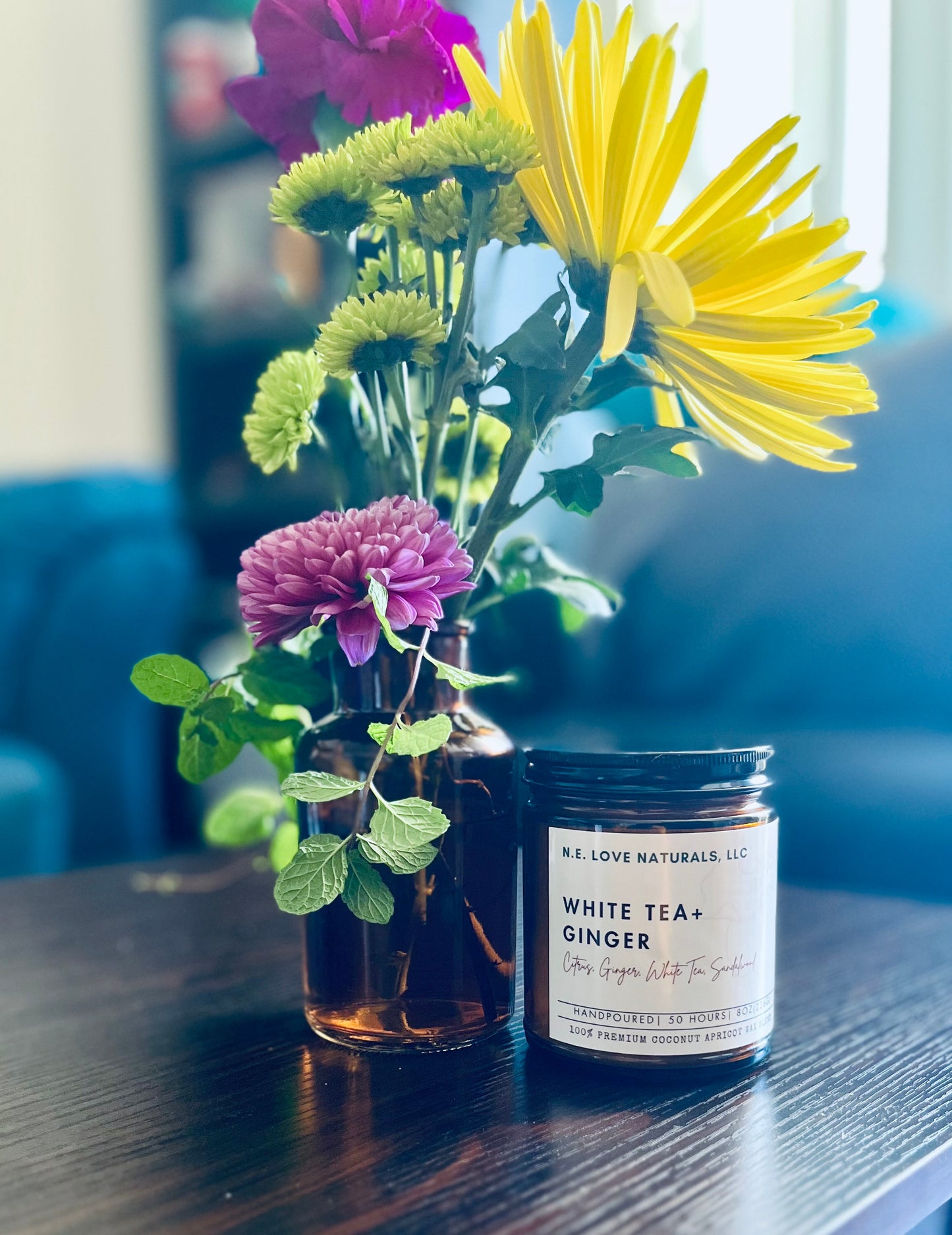 White Tea + Ginger| Coconut Apricot Soy Wax Candle in Amber Glass Jar