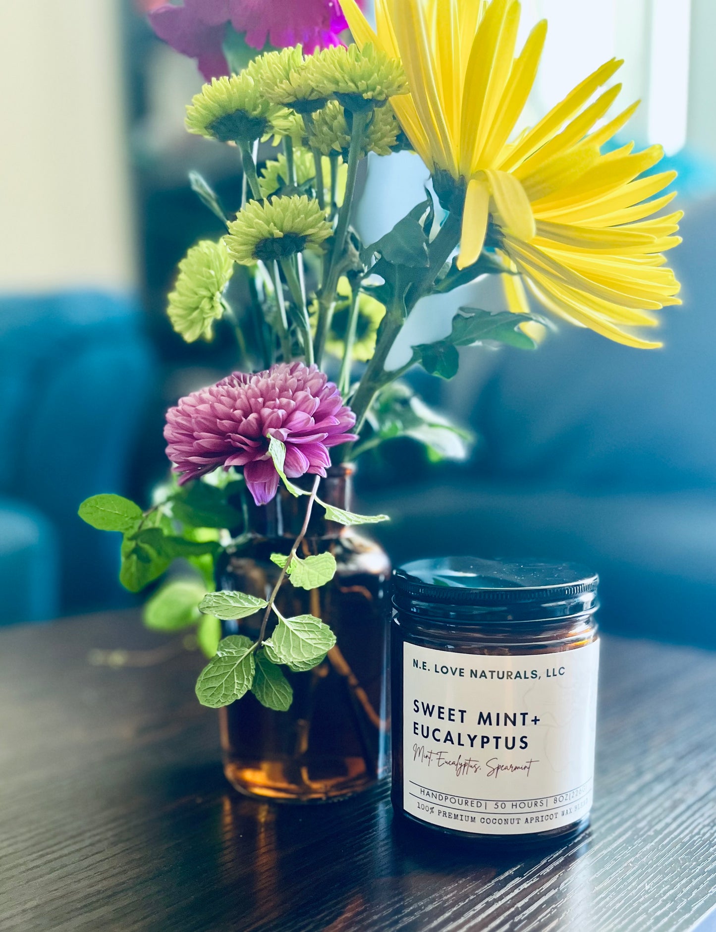 Sweet Mint+ Eucalyptus| Coconut Apricot Soy Wax Candle in Amber Glass Jar