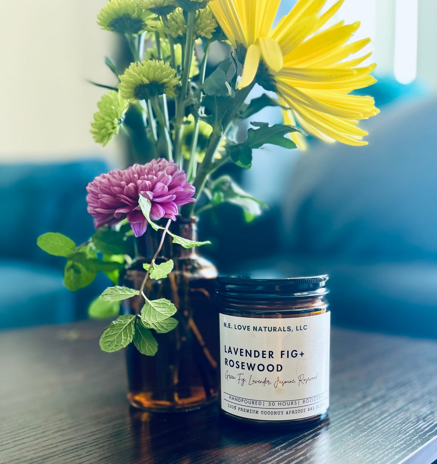 Lavender Fig + Rosewood |Coconut Apricot Soy Candle in Amber Glass Jar