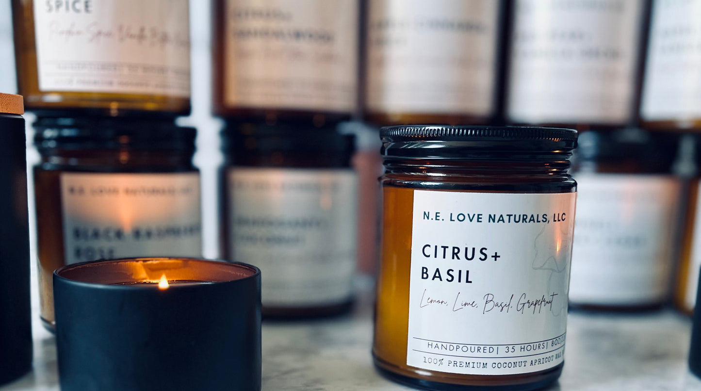 Citrus+ Basil | Coconut Apricot Soy Candle in Amber Glass Jar