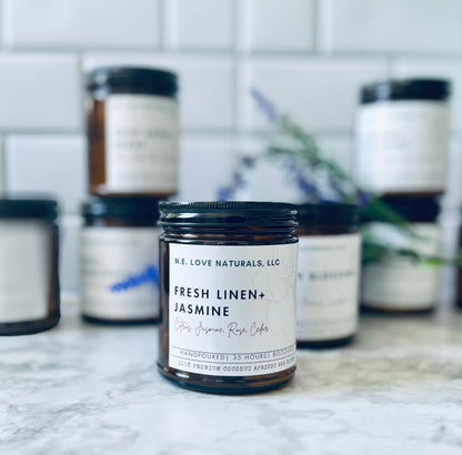 Fresh Linen+ Jasmine |Coconut Apricot Soy Candle in Amber Glass Jar