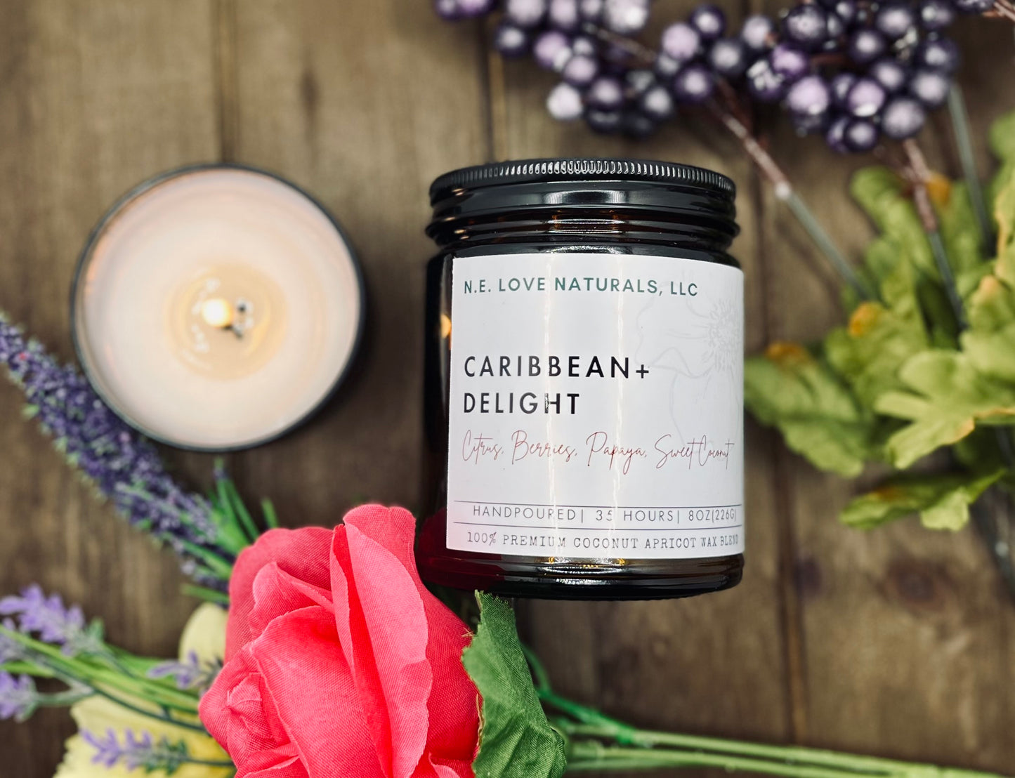 Caribbean+ Delight | Coconut Apricot Soy Candle in Amber Glass Jar