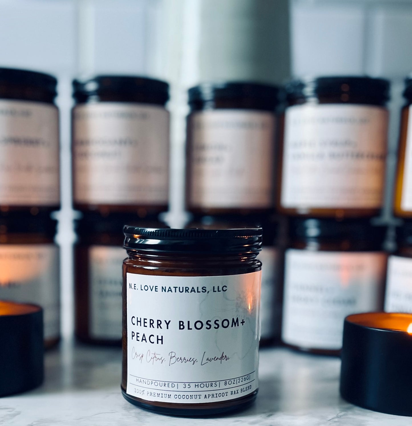 Cherry Blossom+ Peach| Coconut Apricot Soy Candle in Amber Glass Jar