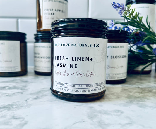 Fresh Linen+ Jasmine |Coconut Apricot Soy Candle in Amber Glass Jar
