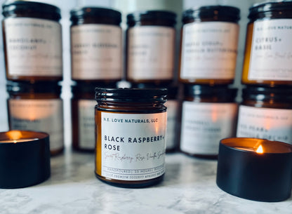 Black Raspberry + Rose |Coconut Apricot Soy Candle in Amber Glass Jar