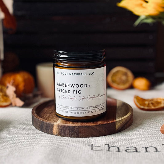 Amberwood+ Spiced Fig |Coconut Apricot Soy Candle in Amber Glass Jar