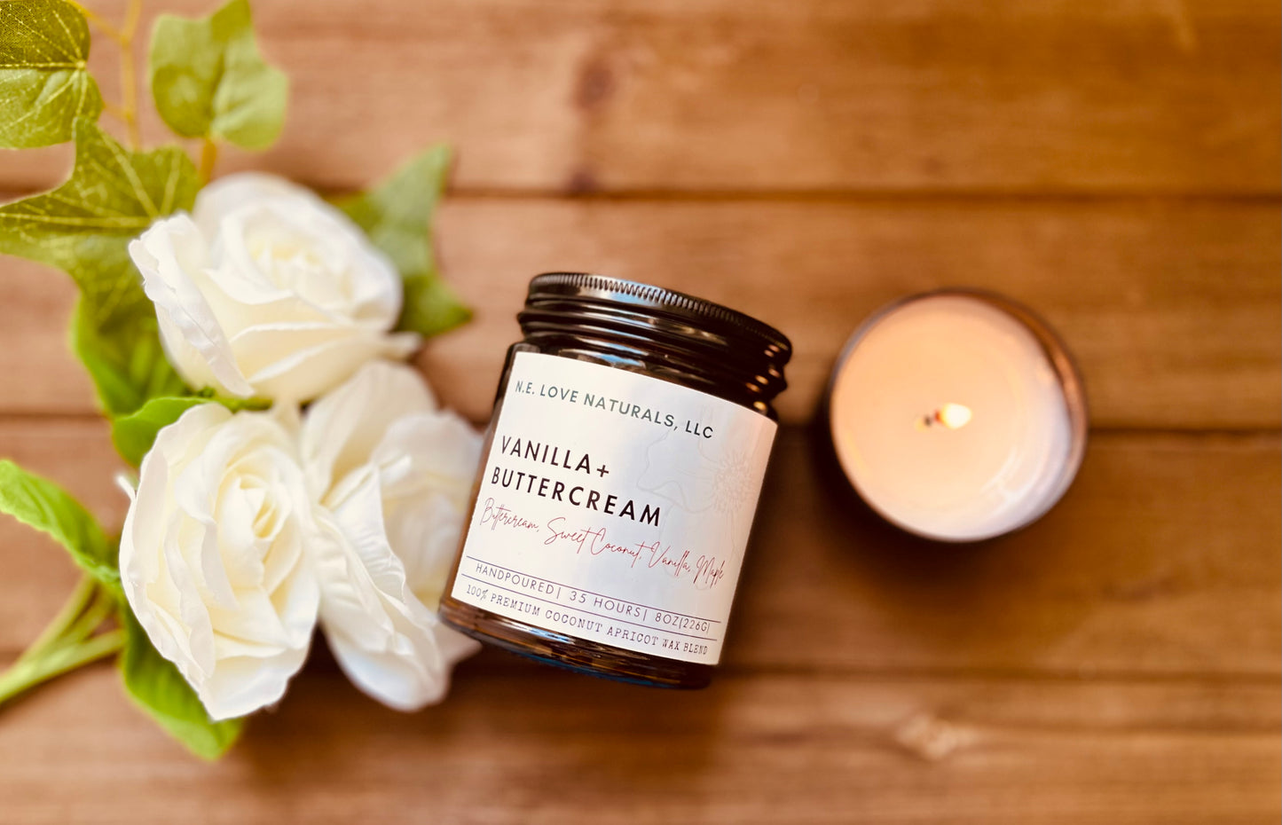 Vanilla+ Buttercream |Coconut Apricot Soy Candle in Amber Glass Jar
