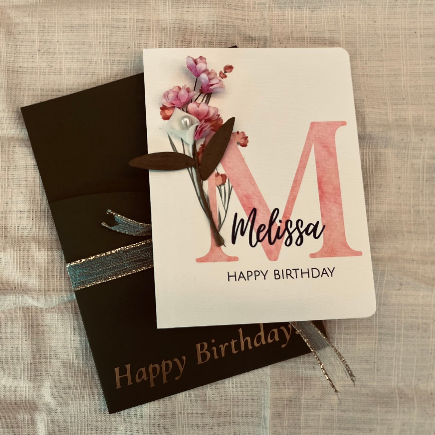 Deluxe Personalized Floral Initial Greeting Card | Slot Envelope Cover | Pink & White Blooms