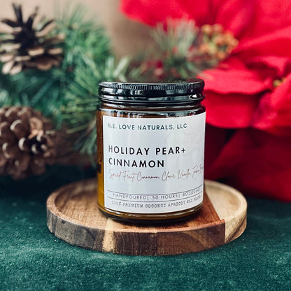 Holiday Pear+ Cinnamon |Coconut Apricot Soy Candle in Amber Glass Jar