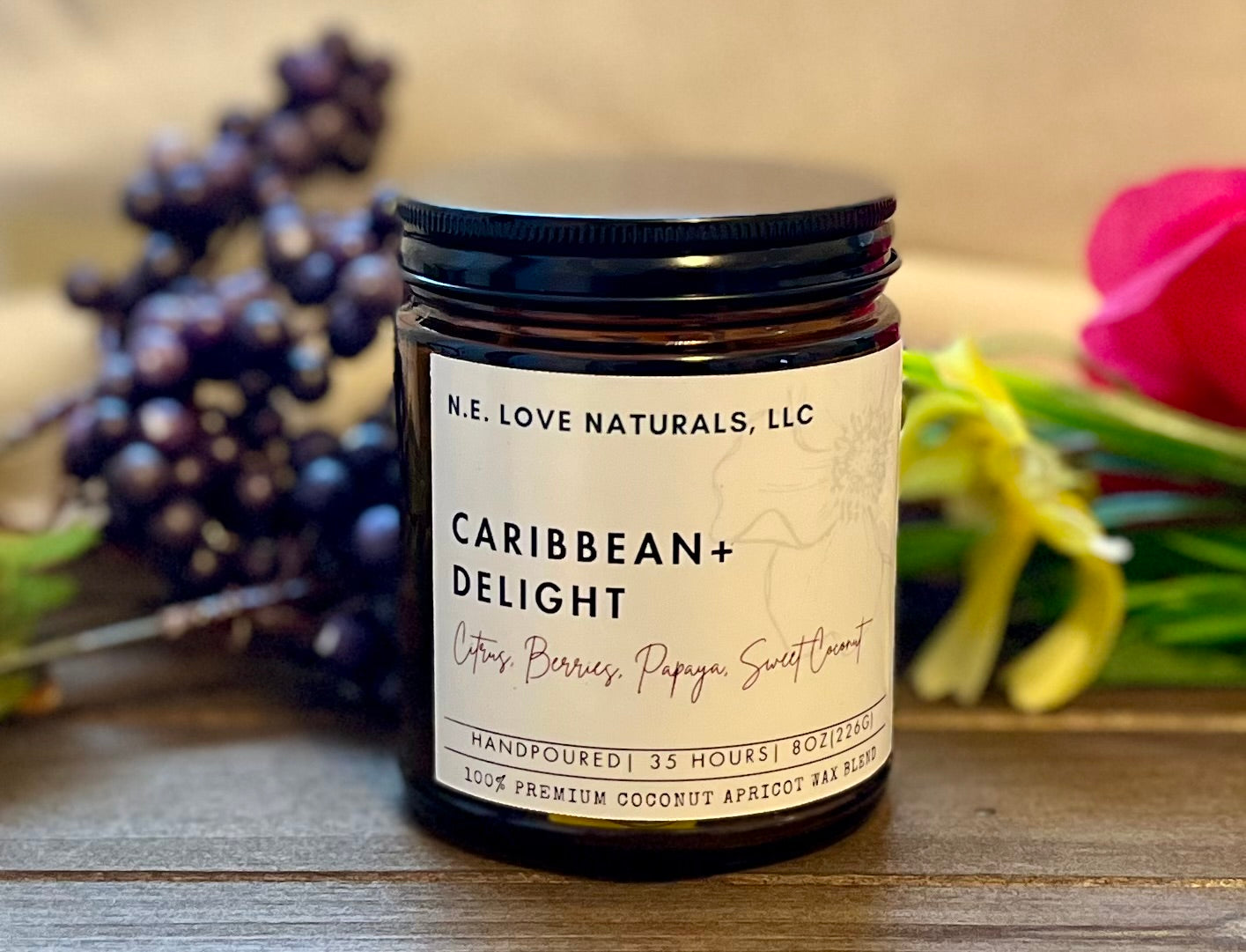 Caribbean+ Delight | Coconut Apricot Soy Candle in Amber Glass Jar