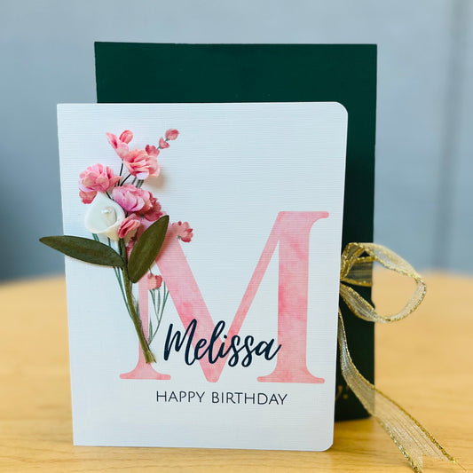 Deluxe Personalized Floral Initial Greeting Card | Slot Envelope Cover | Pink & White Blooms