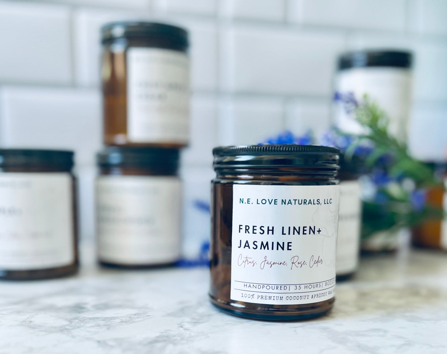 Fresh Linen+ Jasmine |Coconut Apricot Soy Candle in Amber Glass Jar