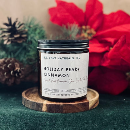 Holiday Pear+ Cinnamon |Coconut Apricot Soy Candle in Amber Glass Jar| Large
