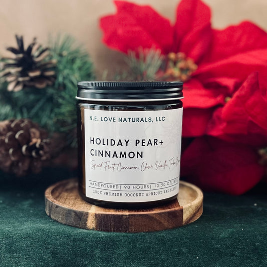Holiday Pear+ Cinnamon |Coconut Apricot Soy Candle in Amber Glass Jar| Large