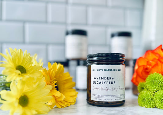 Lavender+ Eucalyptus |Coconut Apricot Soy Candle in Amber Glass Jar