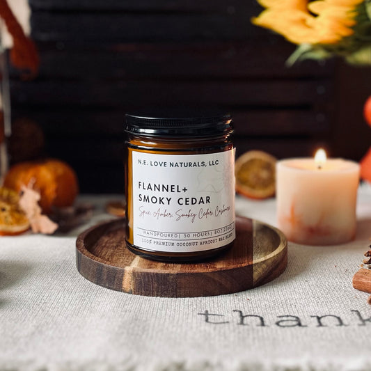 Flannel + Smoky Cedar |Coconut Apricot Soy Candle in Amber Glass Jar