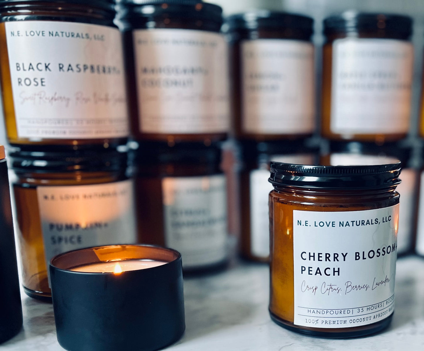 Cherry Blossom+ Peach| Coconut Apricot Soy Candle in Amber Glass Jar
