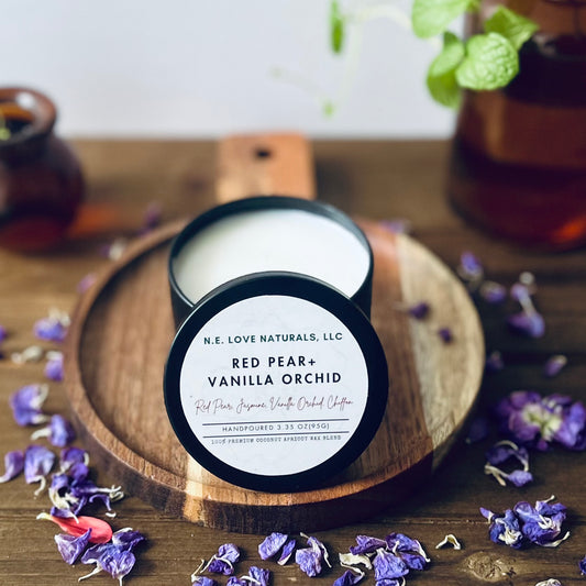 Red Pear+ Vanilla Orchid | Coconut Apricot Soy Wax Candle in Travel Tin