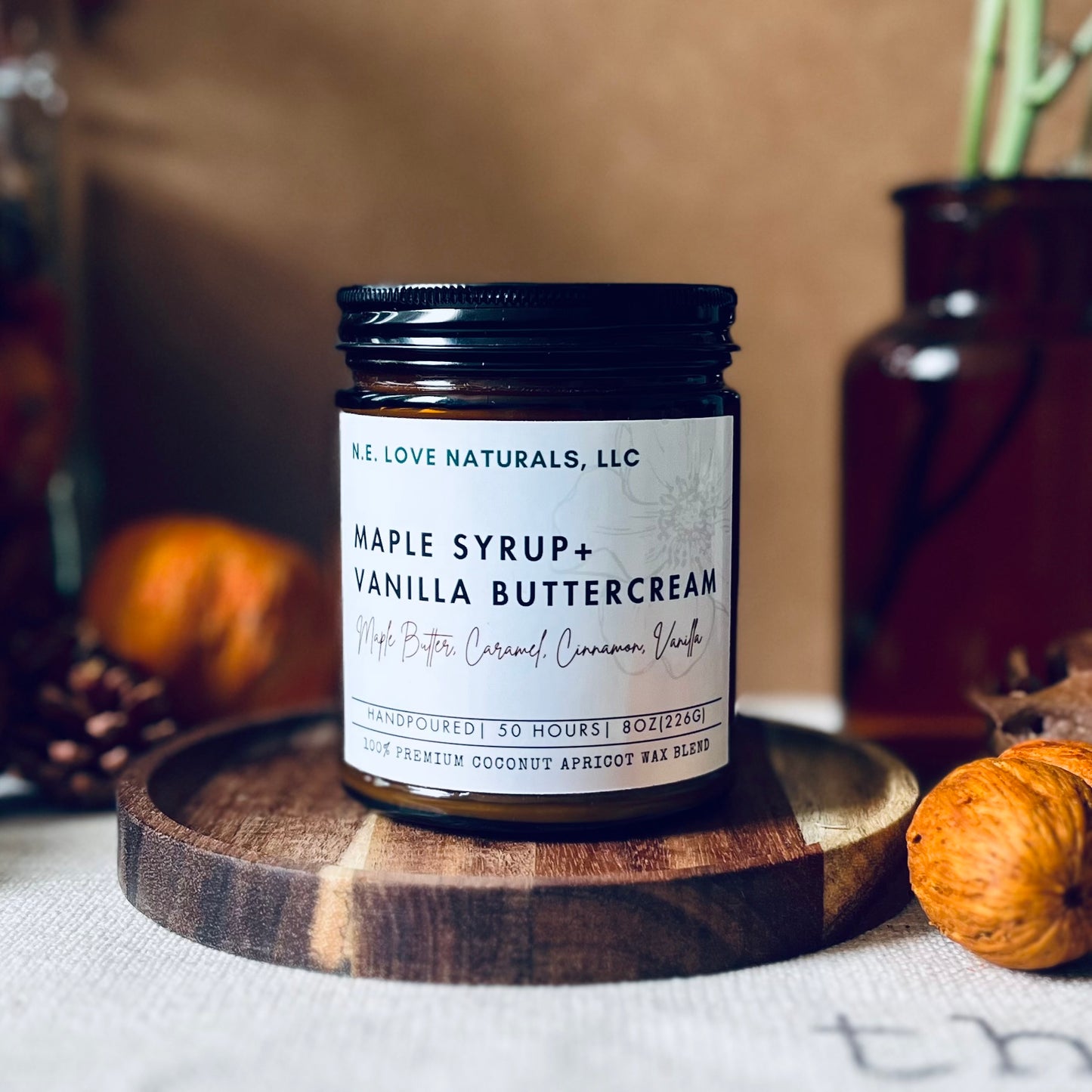 Maple Syrup + Vanilla Buttercream |Coconut Apricot Soy Candle in Amber Glass Jar